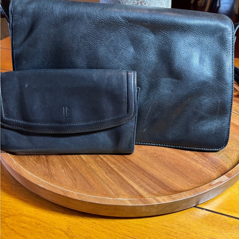 Liz Claiborne black leather cross body bag and black leather wallet